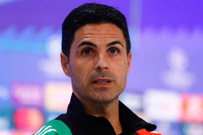 Mikel Arteta, head coach Arsenal FC, attends his press conference ahead of the UEFA Champions League, football match against Real Madrid, at Santiago Bernabeu stadium on April 15, 2025, in Madrid, Spain.