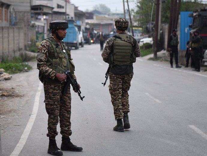 May 7, 2025, Pampore, Jammu And Kashmir, India: Security personnel cordon off the area following a plane crash in Pampore. India launched air strikes on Pakistan on May 7, 2024
