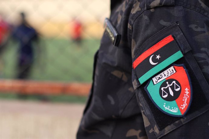 Archivo - April 27, 2022, Misrata, Libya: The logo of the judicial police in Libya appears guarding the prison as part of the Ramadan football League for prison inmates
