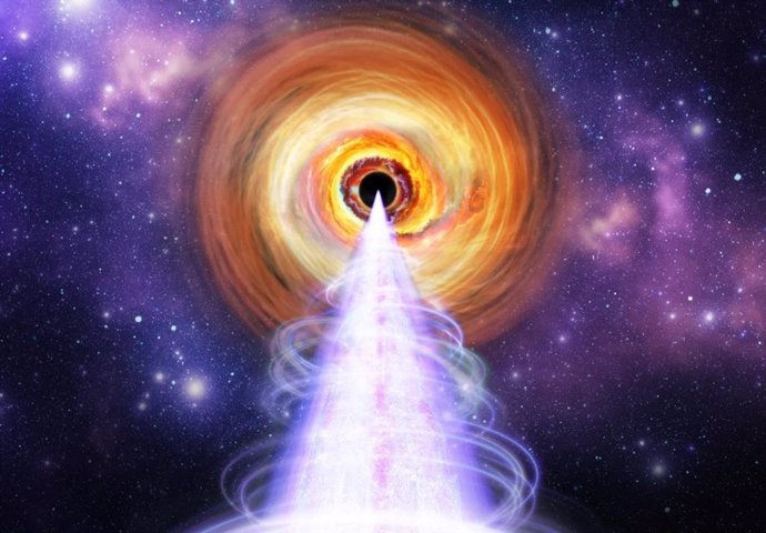 Essa arte conceitual retrata a região central do blazar BL Lacertae, um buraco negro supermassivo cercado por um disco brilhante e um jato voltado para a Terra.
