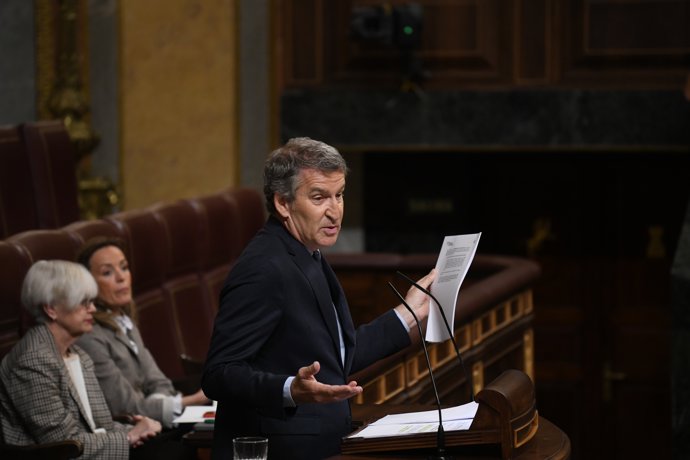El presidente del PP, Alberto Núñez Feijóo, interviene durante una sesión plenaria, en el Congreso de los Diputados, a 7 de mayo de 2025, en Madrid (España).