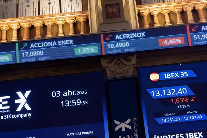 Archivo - Paneles del Ibex, en el Palacio de la Bolsa de Madrid, a 3 de abril de 2025, en Madrid (España). El Ibex 35 ha iniciado la sesión de este jueves, 3 de abril, con una caída del 1,58%, lo que ha llevado al selectivo madrileño a situarse en los 13.