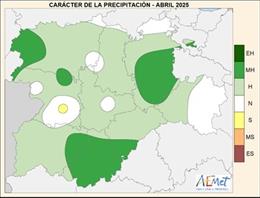Mapa elaborado por la Aemet sobre el balance de precipitaciones de abril en CyL