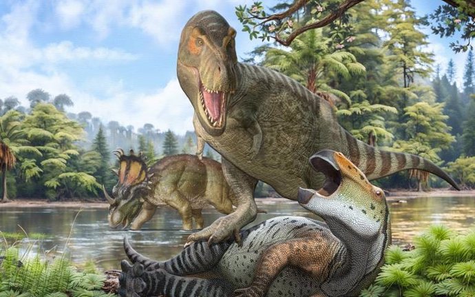 Ilustración de un T.Rex devorando a un dinosaurio herbívoro
