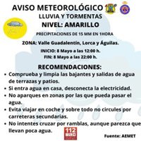 El Ayuntamiento de Lorca pide a los vecinos seguir las informaciones oficiales ante el aviso amarillo por lluvia