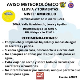 El Ayuntamiento de Lorca pide a los vecinos seguir las informaciones oficiales ante el aviso amarillo por lluvia