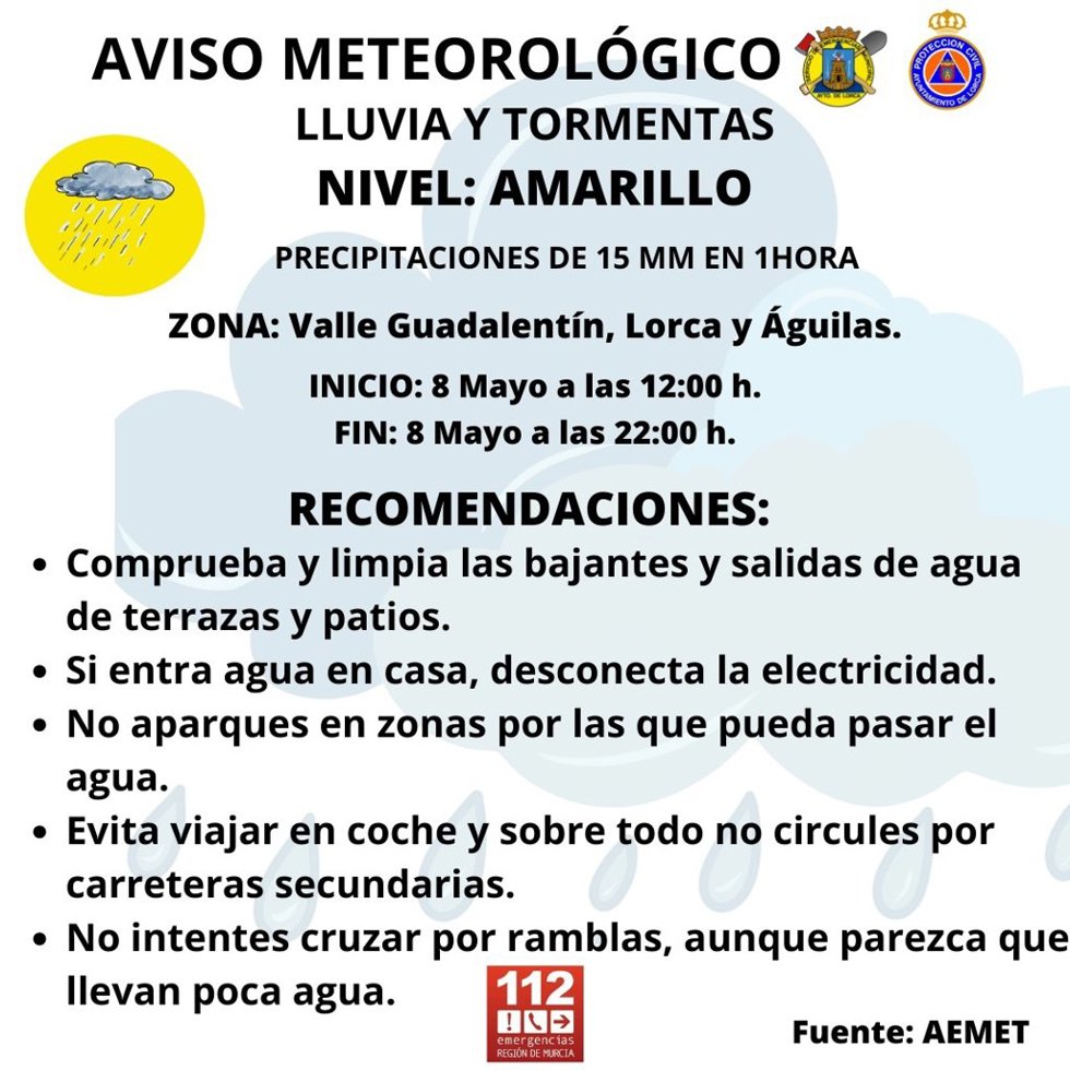 El Ayuntamiento de Lorca pide a los vecinos seguir las informaciones oficiales ante el aviso amarillo por lluvia
