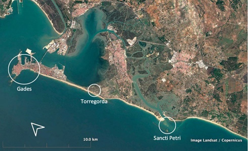 Mapa de la isla de Cádiz, con localizaciones de la antigua Gades, Torregorda, donde pudo situarse el ídolo de Cádiz, y Sancti Petri.