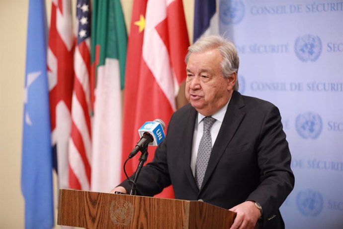 UNITED NATIONS, May 5, 2025  -- UN Secretary-General Antonio Guterres speaks to the press outside the Security Council Chamber at the UN headquarters in New York, on May 5, 2025. "Make no mistake:  A military solution is no solution," Guterres said on the