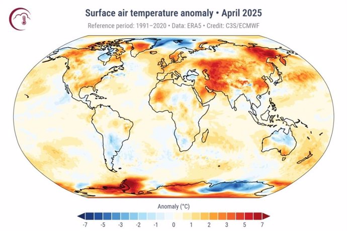 Anomalia da temperatura do ar na superfície para abril de 2025 em relação à média de abril para o período de 1991 a 2020.