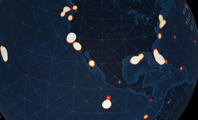 Este mapa de calor muestra la concentración de inmersiones en aguas profundas conocidas con observaciones visuales en las zonas económicas exclusivas de EE. UU.