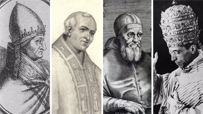 De izquierda a derecha: Gregorio X, Juan XXII, Julio II y Pío XII