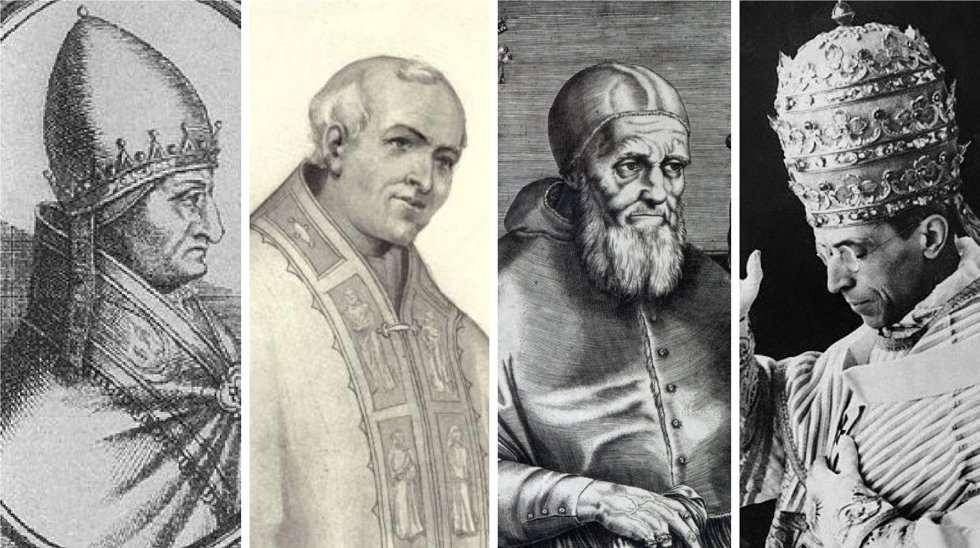 De izquierda a derecha: Gregorio X, Juan XXII, Julio II y Pío XII