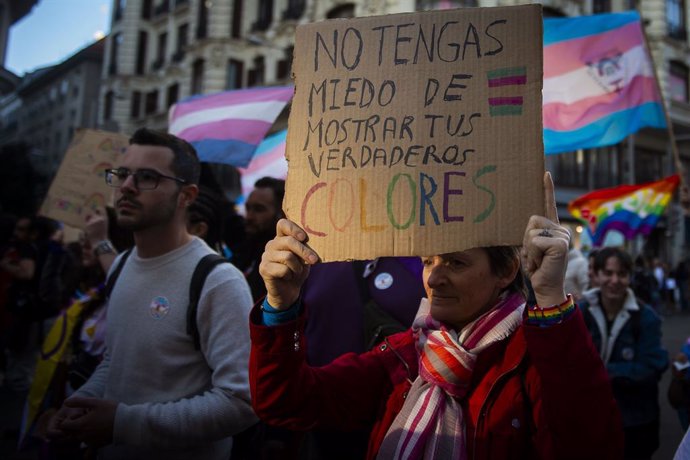 Archivo - Decenas de personas durante una manifestación para denunciar los ataques a la comunidad trans a nivel internacional, desde la Plaza Pedro Zerolo hasta la Plaza de Callao, a 29 de marzo de 2025, en Madrid (España). La Federación Plataforma Trans 