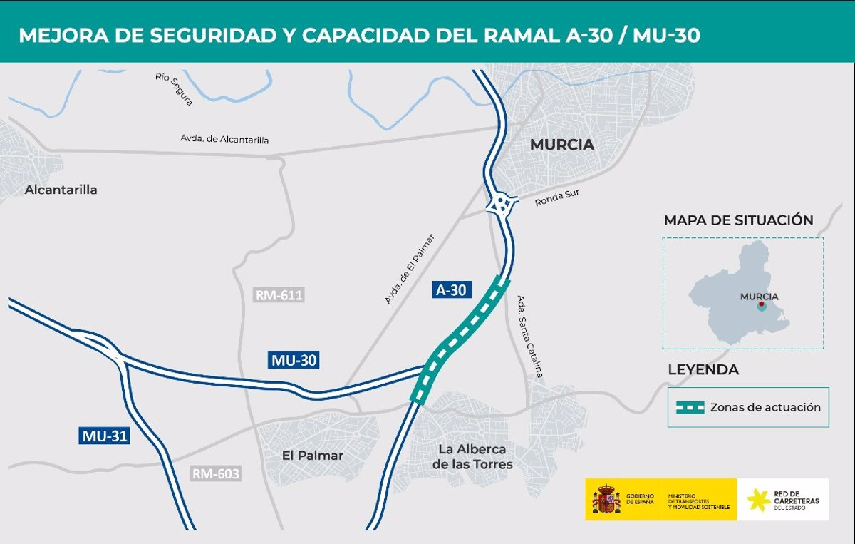 Transportes licita por 13,6 millones las obras para mejorar el ramal de incorporación de la A-30 a la MU-30 en Murcia