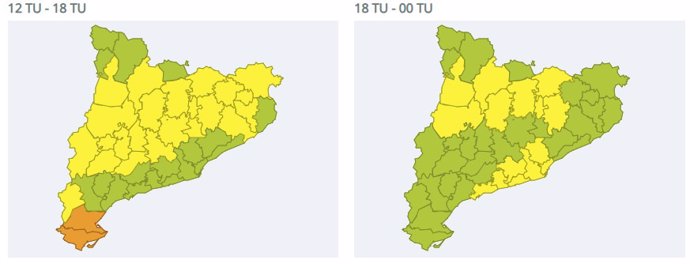 Mapa de Catalunya con avisos por tormentas esta tarde y viernes