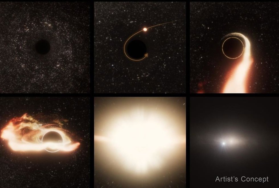 Esta ilustración de seis paneles de un evento de disrupción de marea alrededor de un agujero negro supermasivo muestra la colisión con una estrella seguida de una explosión detectada en rayos X y en observaciones de luz visible del Telescopio Hubble
