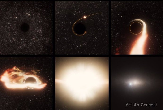 Esta ilustración de seis paneles de un evento de disrupción de marea alrededor de un agujero negro supermasivo muestra la colisión con una estrella seguida de una explosión detectada en rayos X y en observaciones de luz visible del Telescopio Hubble
