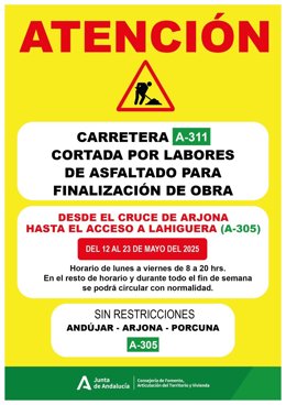 Cartel sobre el corte de tráfico temporal de la A-311.