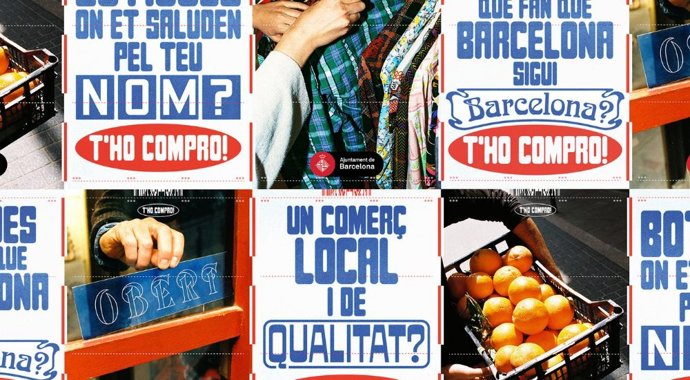 Cartel de la campaña "T'ho compro" para fomentar el comercio local impulsada por el Ayuntamiento de Barcelona.