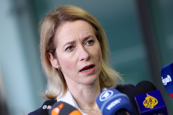 HANDOUT - 14 April 2025, Luxembourg: EU High Representative for Foreign Affairs and Security Policy Kaja Kallas speaks to the press as she arrives for EU Ministers of Foreign Affairs meeting. Photo: Alexandros MICHAILIDIS/European Council/dpa - ATTENTION: