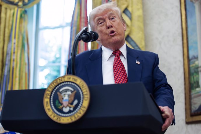 May 7, 2025, Washington, District Of Columbia, USA: United States President Donald J Trump answers questions from reporters after former US Senator David Perdue (Republican of Georgia) was sworn in as the US Ambassador to the Peoples Republic of China dur