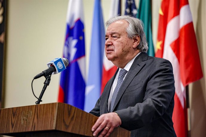 21 April 2025, US, New York: UN Secretary General, Antonio Guterres, speaks at the Security Council stakeout to comment on the passing of Pope Francis. Pope Francis, who led the Catholic Church for 12 years and was praised for his humility and unorthodox 