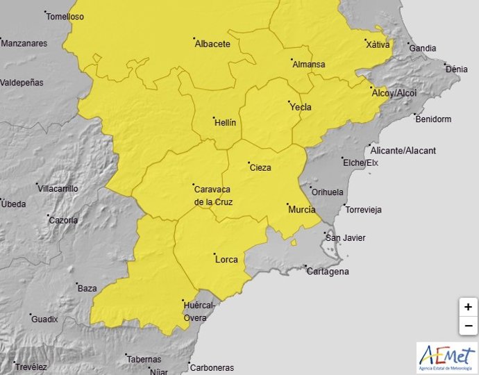Mapa que muestra los avisos meteorológicos activos en la Región