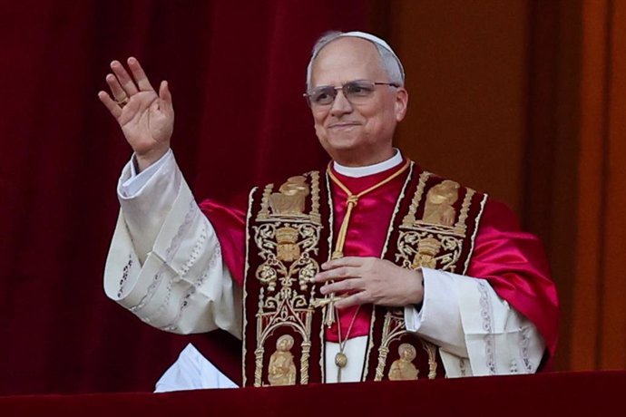 May 8, 2025, Rome, Italy: The new pontiff appears on the central balcony of St. Peter's Basilica. Pope Leo XIV is an American Cardinal called Robert Francis Prevost and the  successor to Pope Francis. The conclave met in the Sistine Chapel.