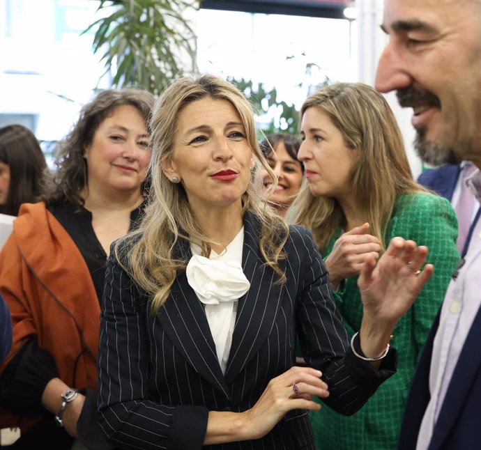 La vicepresidenta segunda y ministra de Trabajo y Economía Social, Yolanda Díaz, interviene en el evento 'El impacto de la nueva jornada laboral, avances y retos', en el espacio Taller de Ideas, a 9 de mayo de 2025, en Madrid (España). El acto ha sido org