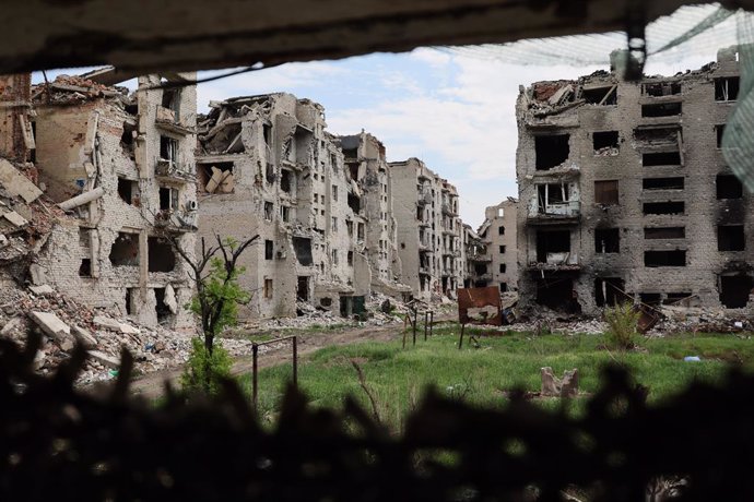 RUSSIA, DONETSK PEOPLE'S REPUBLIC - MAY 7, 2025: A view of buildings in the city of Maryinka, west of Donetsk, destroyed in combat