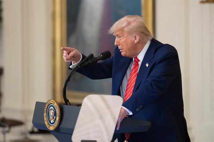 WASHINGTON, May 8, 2025  -- U.S. President Donald Trump speaks during a celebration of military mothers at the White House in Washington, D.C., the United States, on May 8, 2025. Trump on Thursday announced at the White House that the United States and Br