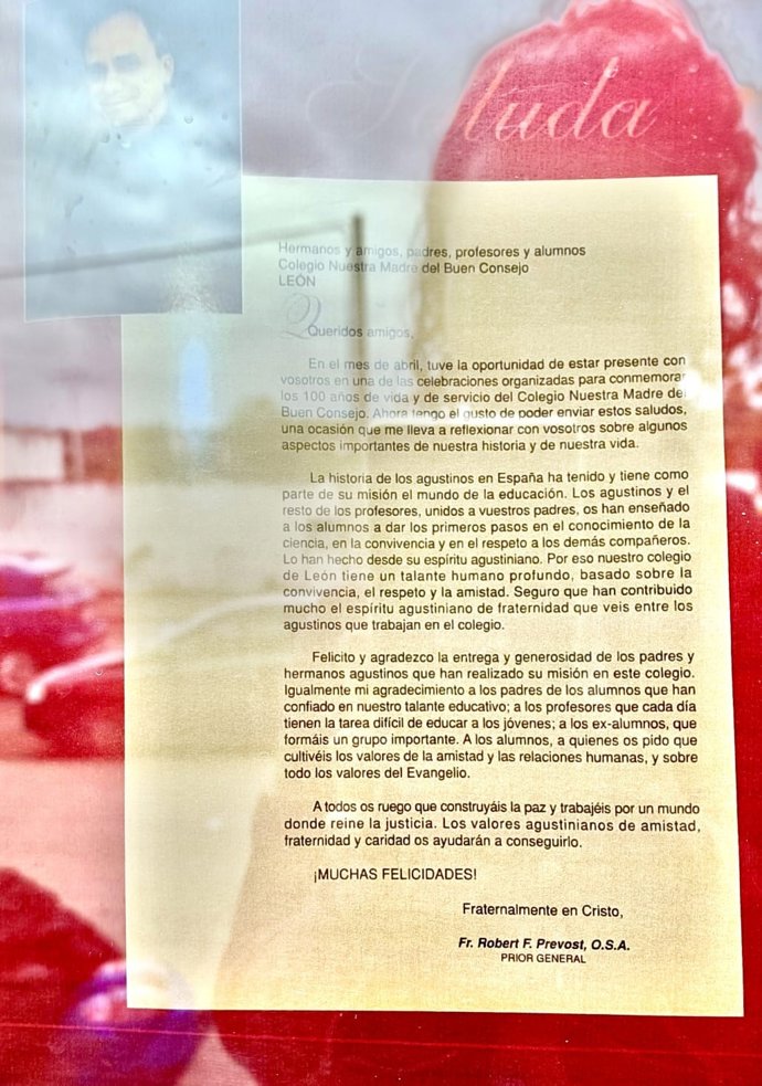 Imagen De La Carta Que El Papa León XIV Envió A La Asociación De Antiguos Alumnos Del Colegio Agustinos De León