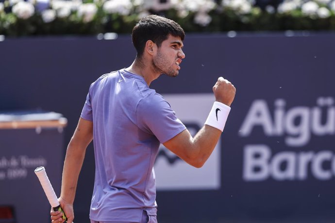 Carlos Alcaraz of Spain in actions against Holger Rune of Denmark during the final tennis match of the Barcelona Open Banc Sabadell - Conde Godo 2025 Day 7 at Real Club De Tenis Barcelona on April 20, 2025 in Barcelona, Spain.
