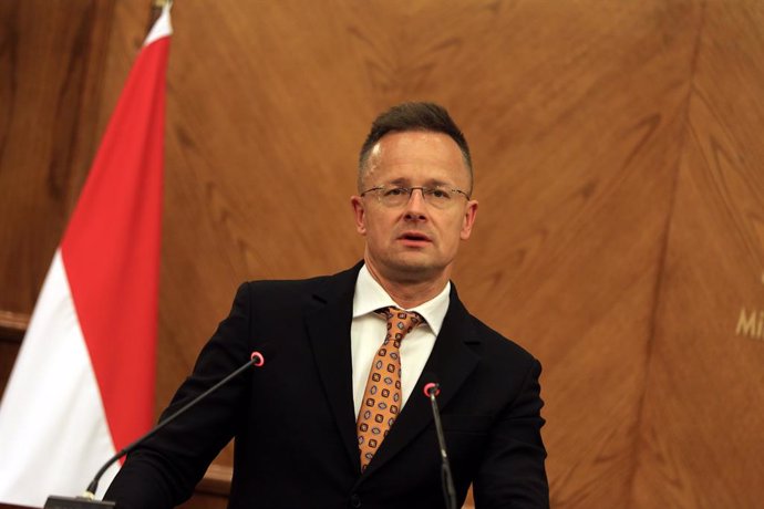 AMMAN, April 24, 2025  -- Hungarian Minister of Foreign Affairs and Trade Peter Szijjarto speaks at a joint press conference with Jordanian Foreign Minister Ayman Safadi (not in the picture) in Amman, Jordan, on April 24, 2025. Jordan's Foreign Minister A