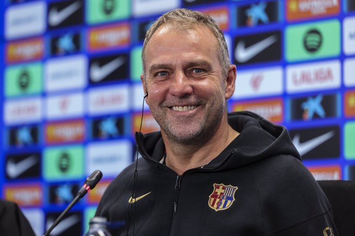 Hansi Flick, head coach of FC Barcelona attends his press conference during the training day of FC Barcelona ahead the Spanish League, La Liga EA Sports, football match against Real Valladolid at Ciudad Esportiva Joan Gamper on May 02, 2025 in Sant Joan D