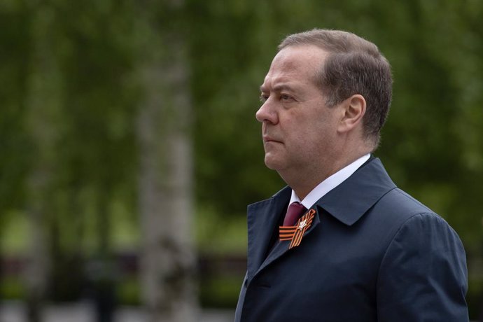 RUSSIA, MOSCOW - MAY 8, 2025: Russian Security Council Deputy Chairman, United Russia Party leader Dmitry Medvedev is seen during a wreath laying ceremony at the Tomb of the Unknown Soldier by the Kremlin Wall on the eve of Victory Day marking the 80th an