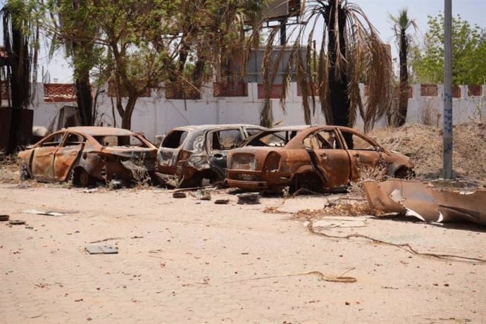 KHARTOUM, April 18, 2025  -- This photo taken on April 16, 2025 shows the damage to vehicles inside Khartoum Hospital as a result of military clashes between the Sudanese Armed Forces (SAF) and the Rapid Support Forces (RSF) in Khartoum, Sudan.