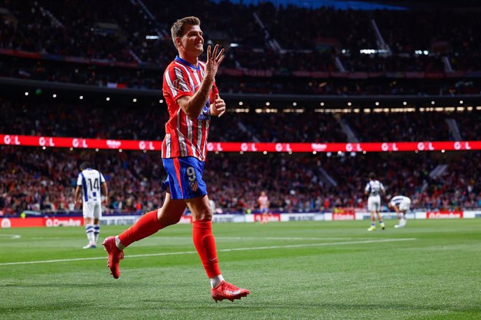 Alexander Sorloth of Atletico de Madrid celebrates a goal during the Spanish League, LaLiga EA Sports, football match played between Atletico de Madrid and Real Sociedad at Riyadh Air Metropolitano stadium on May 10, 2025, in Madrid, Spain.