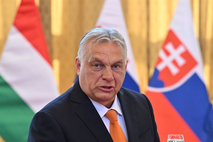 28 April 2025, Slovakia, Bratislava: Hungarian Prime Minister Viktor Orban speaks durong a joint press conference with Slovak Prime Minister Robert Fico during his visit to Slovakia. Photo: ·álek Václav/CTK/dpa
