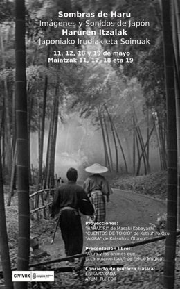 Cartel del ciclo 'Sombras de Haru. Imágenes y sonido de Japón', que celebra el 45 aniversario del hermanamiento de Pamplona con Yamaguchi.
