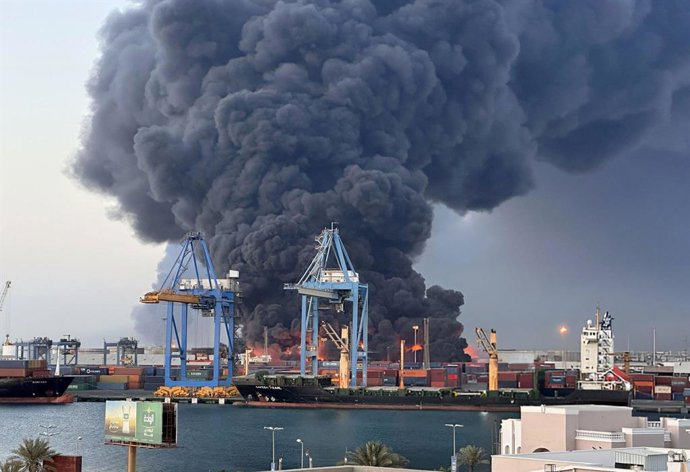 PORT SUDAN (SUDAN), May 6, 2025  -- Smoke rises after a drone attack in Port Sudan, eastern Sudan, on May 6, 2025. The drone attacks on Tuesday struck strategic sites in Port Sudan, a port city on the Red Sea in eastern Sudan, including the international 
