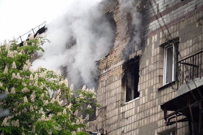May 7, 2025, Kyiv, Ukraine: A building damaged by the fall of debris from a Russian drone in the Shevchenkivskyi district of Kyiv, Ukraine, on May 7, 2025