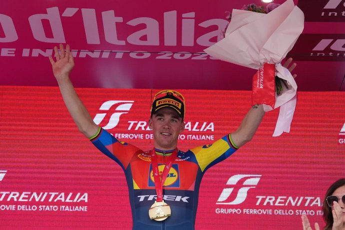 09 May 2025, Albania, Tirana: Danish cyclist Mads Pedersen of Lidl-Trek team celebrates on the podium after winning the first stage of the 108th Giro d'Italia cycling race, 160km from Durres to Tirana. Photo: Gian Mattia D'alberto/LaPresse via ZUMA Press/