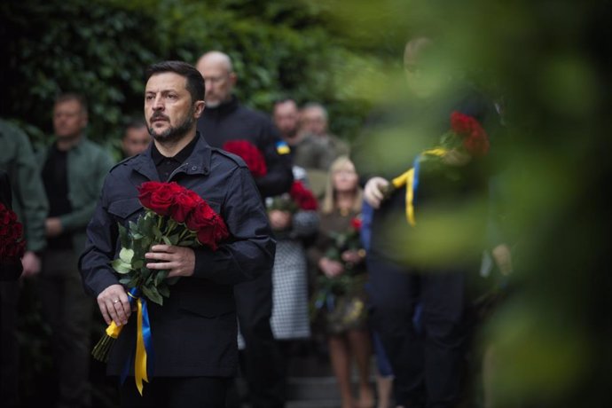 May 8, 2025, Ukraine, Ukraine, Ukraine: Ukrainian President, Volodymyr Zelenskyy, participates in a World War II memorial service, on May 8, 2025