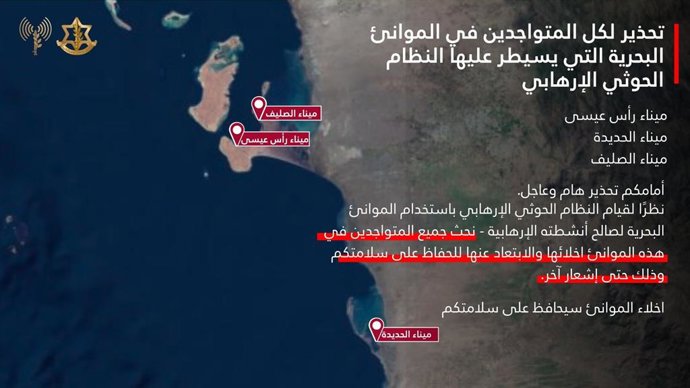 Alerta de evacuação forçada de Israel para os portos Houthi do Iêmen