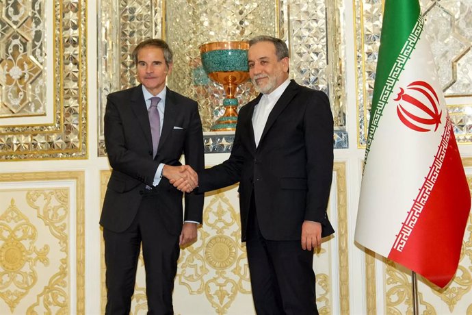 April 17, 2025, Tehran, Iran: International Atomic Energy Agency (IAEA) Director General RAFAEL MARIANO GROSSI (L) meets with Iranian Foreign Minister ABBAS ARAGHCHI (R) in Tehran. Grossi is visiting Tehran to meet with Iranian officials after the recent 