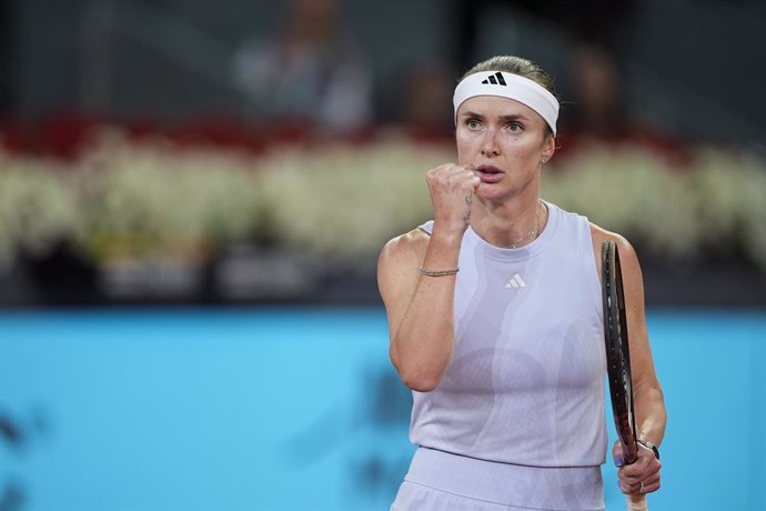 Elina Svitolina of Ukraine in action against Aryna Sabalenka of Belarus during the Mutua Madrid Open 2025, ATP Masters 1000 and WTA 1000 tennis tournament, celebrated at Caja Magica on May 01, 2025 in Madrid, Spain.