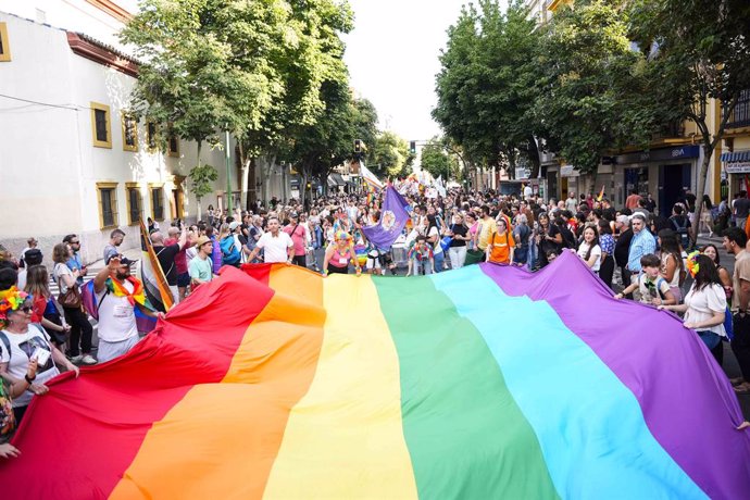 Archivo - Detalle de la manifestación del Día del Orgullo, a 29 de junio de 2024 en Sevilla (Andalucía, España). Miles de personas se han manifestado en una movilización unitaria a favor del Día del Orgullo, que ha salido de la Diputación Provincial de Se