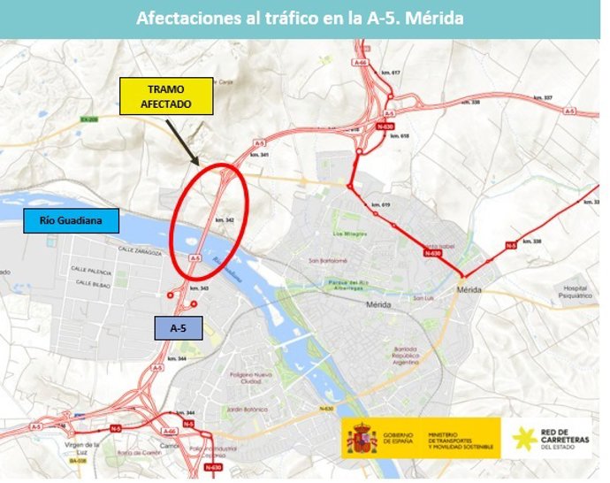 Mapa con las afectaciones al tráfico en la A-% en Mérida
